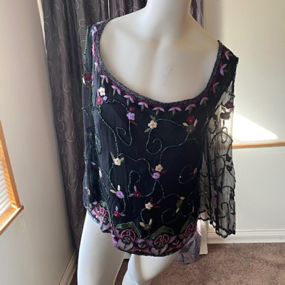 Papell Boutique Evening Black beaded sheer sleeves off the shoulder top, size XL